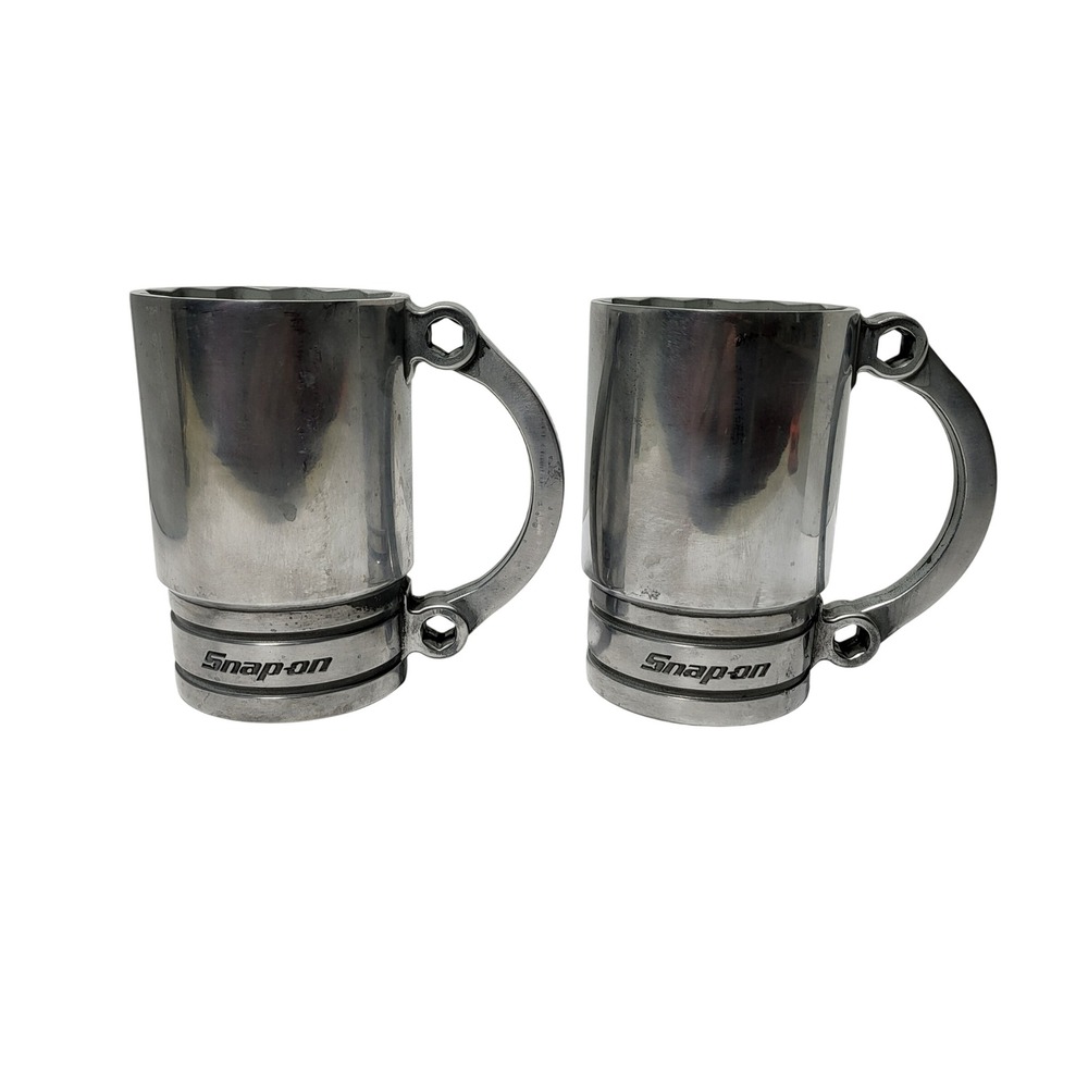 Snap-on SF201 USA Socket Mugs Set of 2 Silver Metal Industrial Automotive Cups